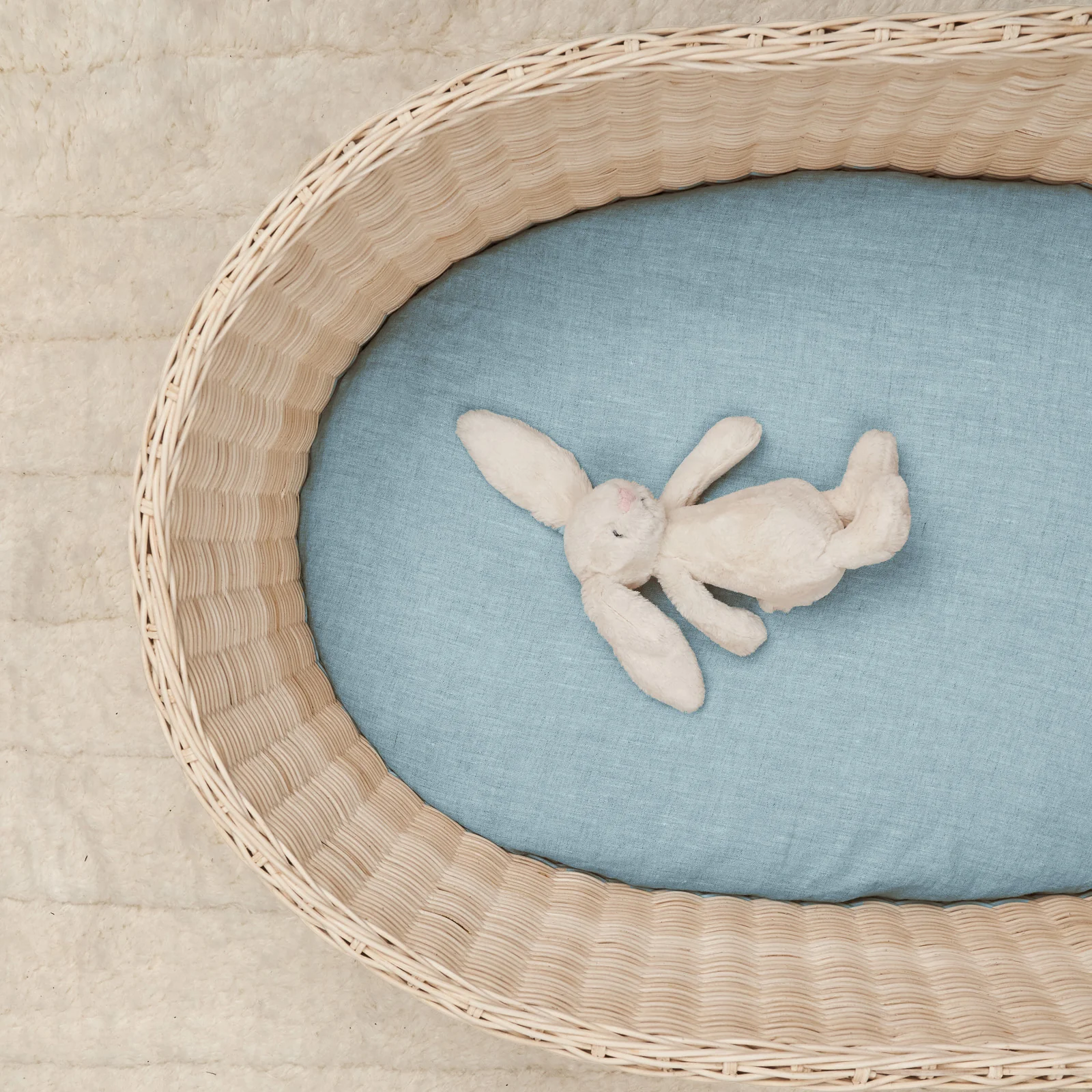French Flax Linen Bassinet Sheet in Sky Blue - Image 4