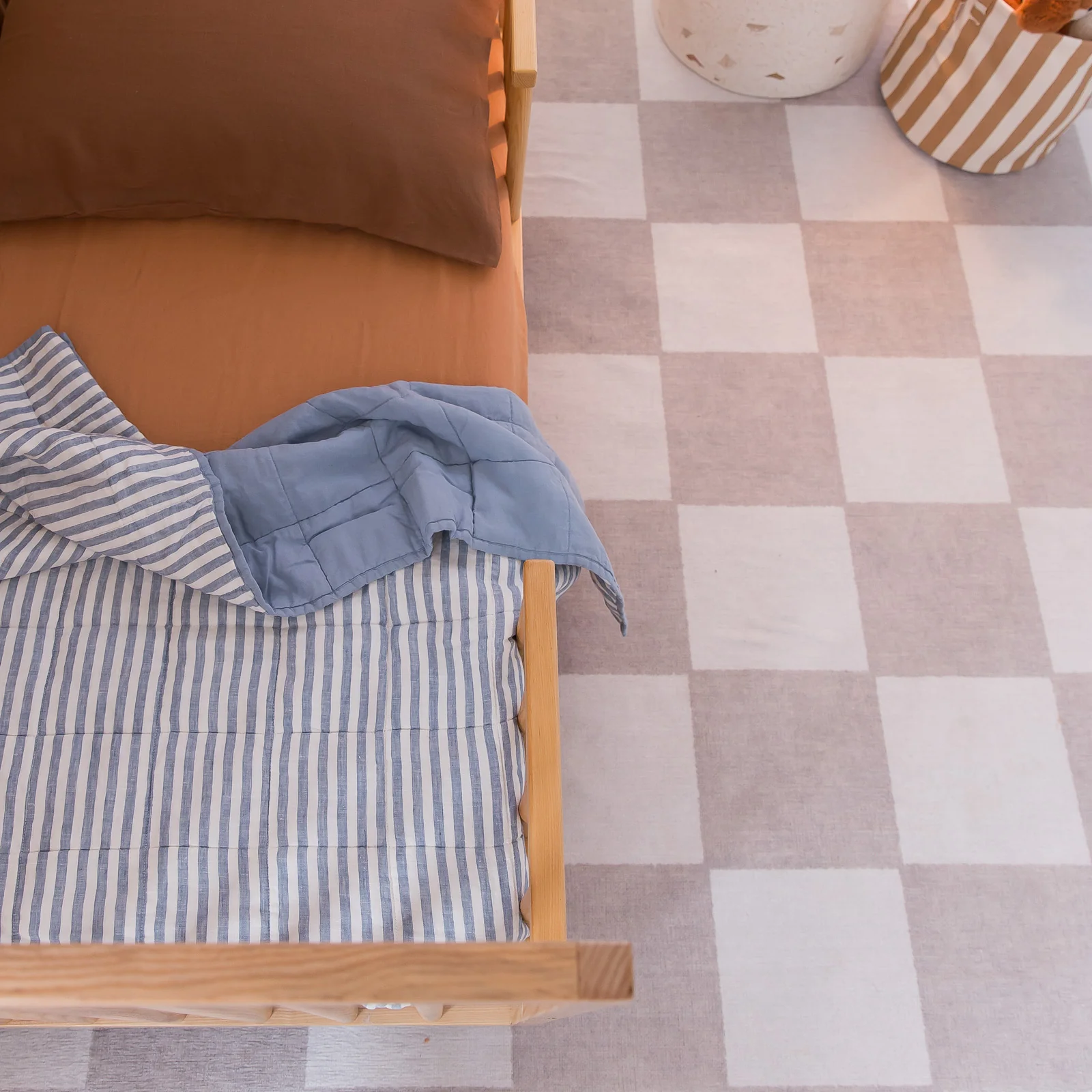 French Flax Linen Cot Quilt/Play Mat in Marine Blue/Marine Blue Stripe - Image 10