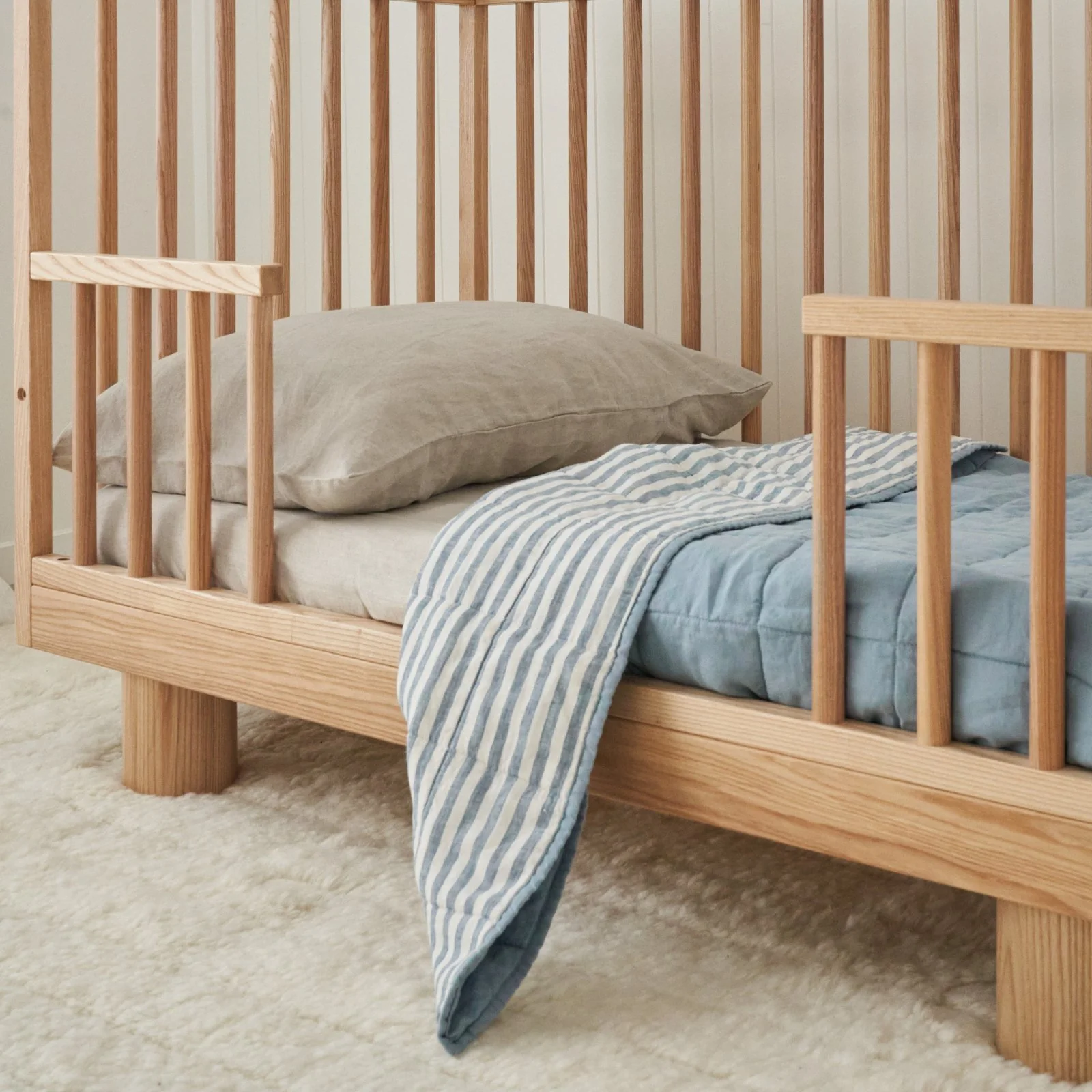 French Flax Linen Cot Quilt/Play Mat in Marine Blue/Marine Blue Stripe - Image 3