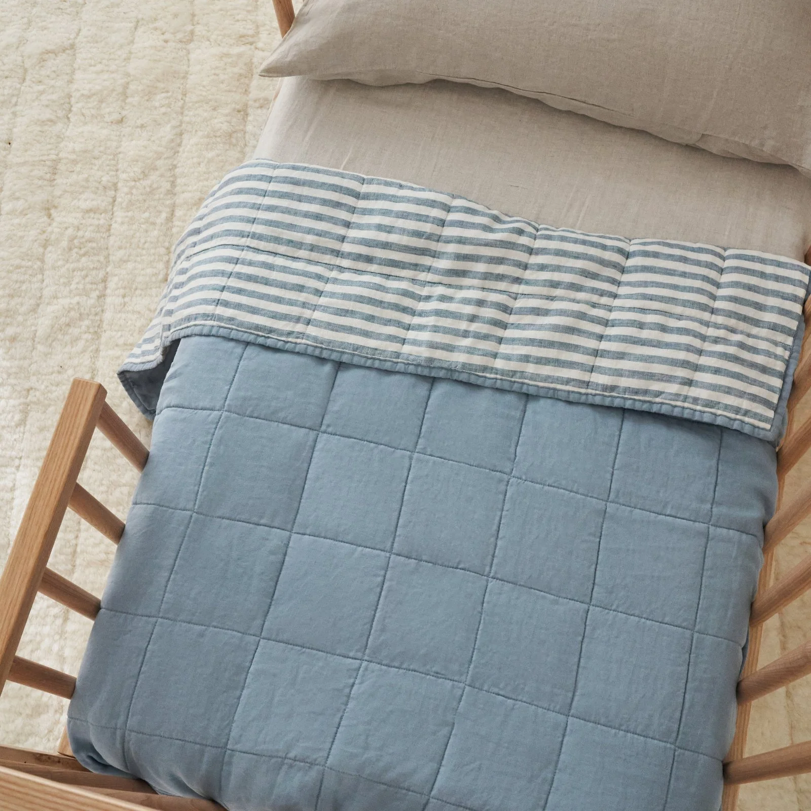 French Flax Linen Cot Quilt/Play Mat in Marine Blue/Marine Blue Stripe - Image 4