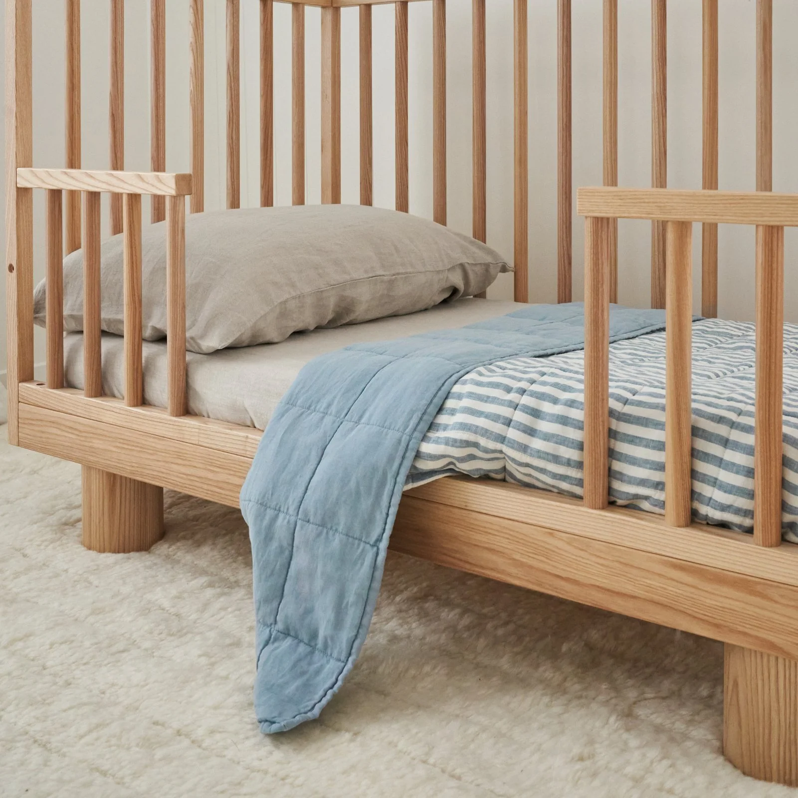 French Flax Linen Cot Quilt/Play Mat in Marine Blue/Marine Blue Stripe - Image 5