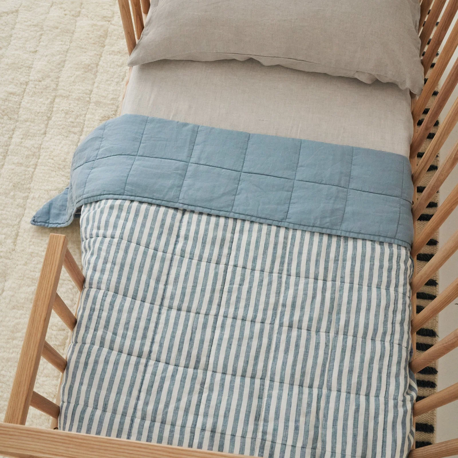 French Flax Linen Cot Quilt/Play Mat in Marine Blue/Marine Blue Stripe - Image 6