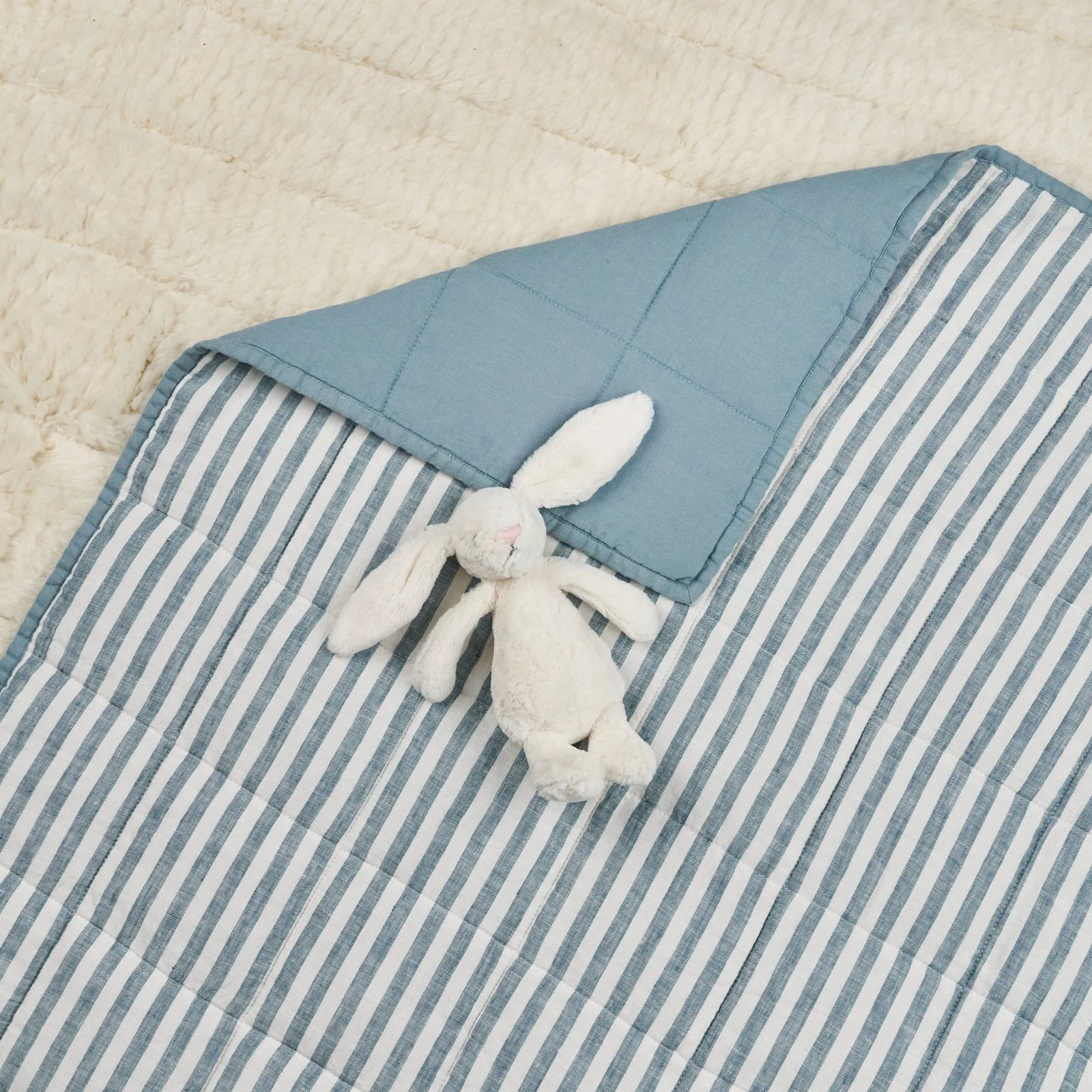 French Flax Linen Cot Quilt/Play Mat in Marine Blue/Marine Blue Stripe - Image 7