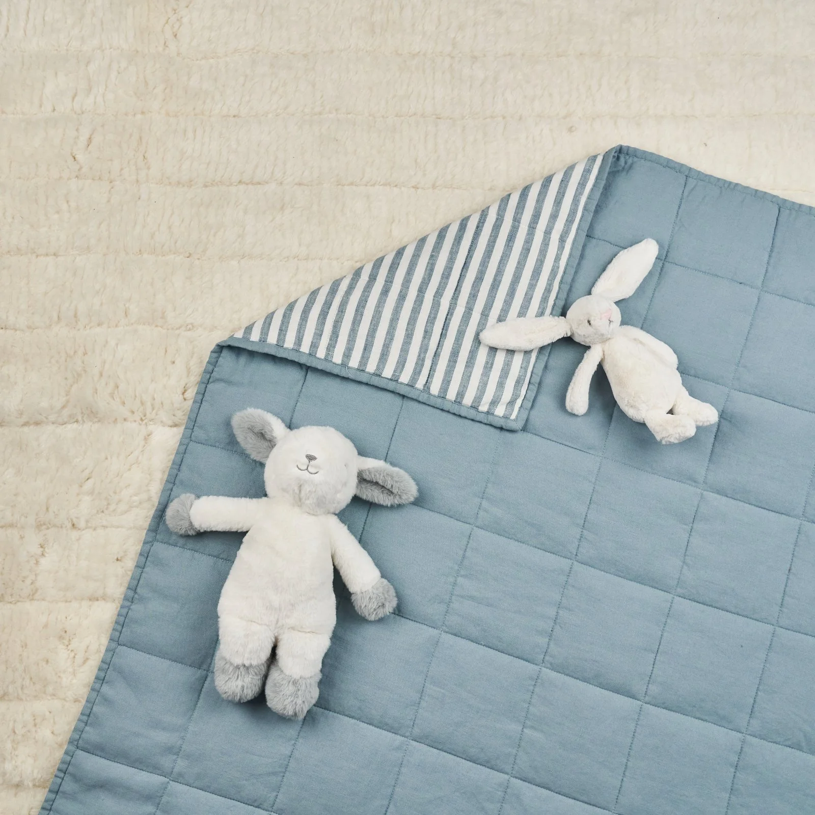 French Flax Linen Cot Quilt/Play Mat in Marine Blue/Marine Blue Stripe - Image 8