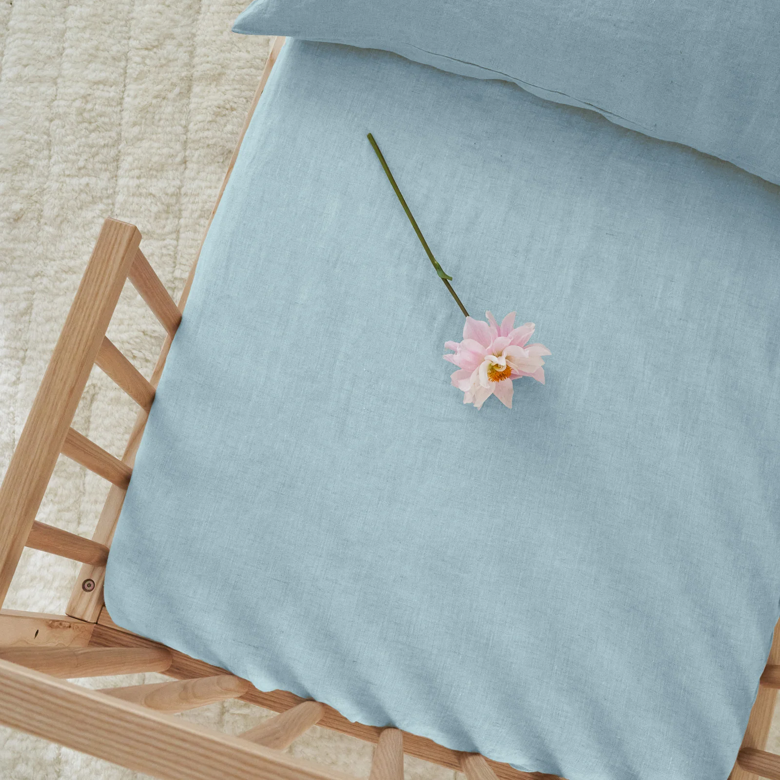 French Flax Linen Cot Sheet in Sky Blue - Image 3