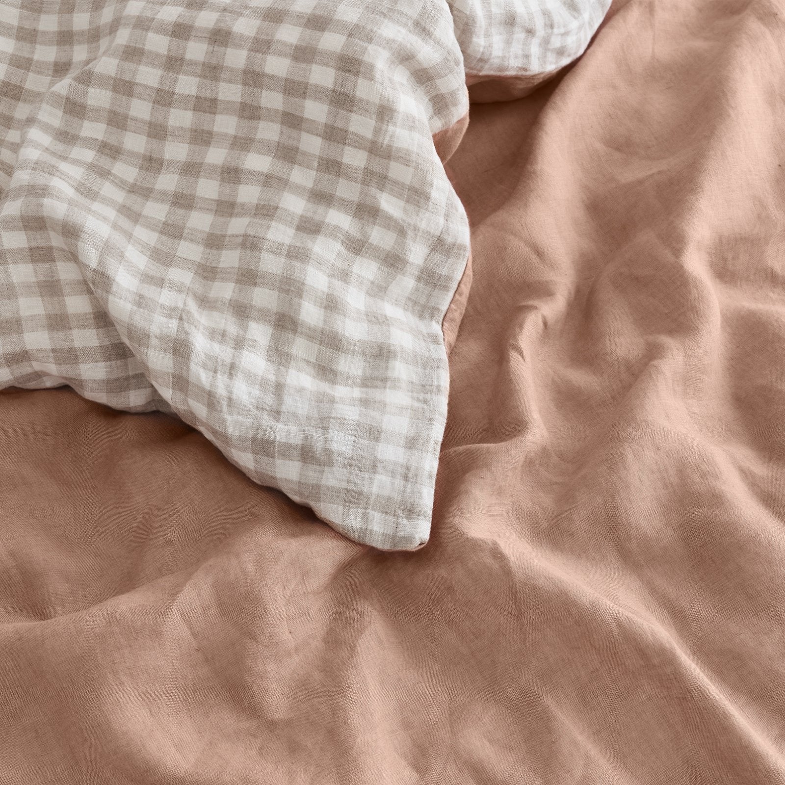 French Flax Linen Double Sided Quilt Cover in Clay/Beige Gingham - Image 12