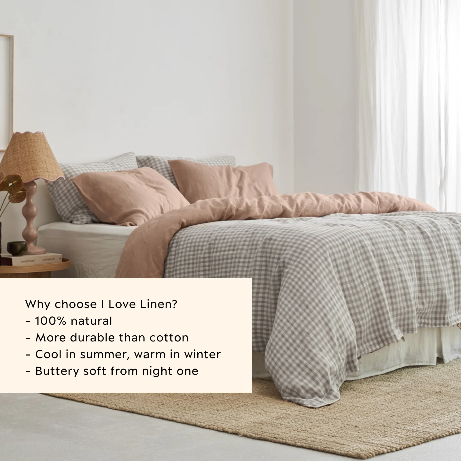 French Flax Linen Double Sided Quilt Cover in Clay/Beige Gingham - Image 5