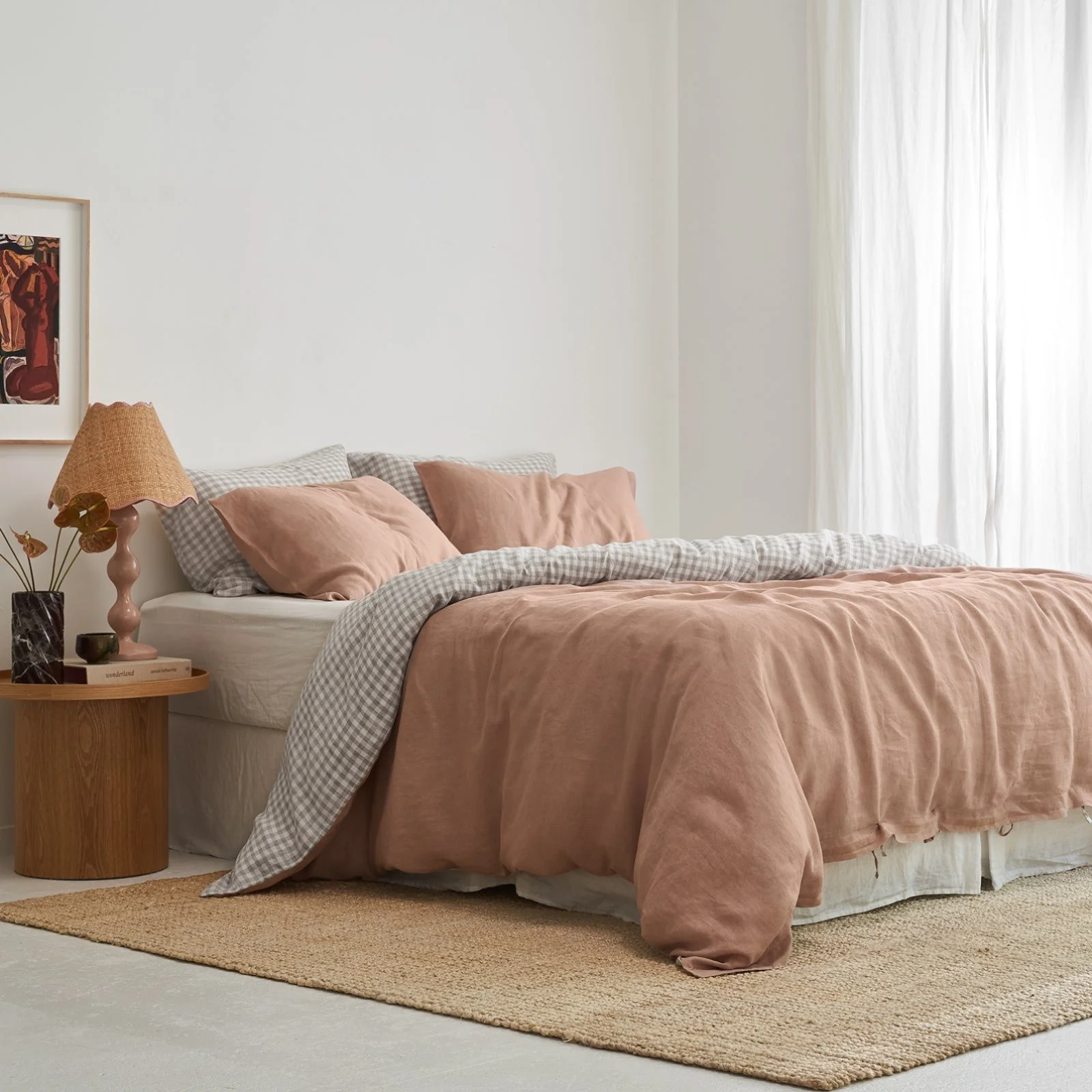 French Flax Linen Double Sided Quilt Cover in Clay/Beige Gingham - Image 6