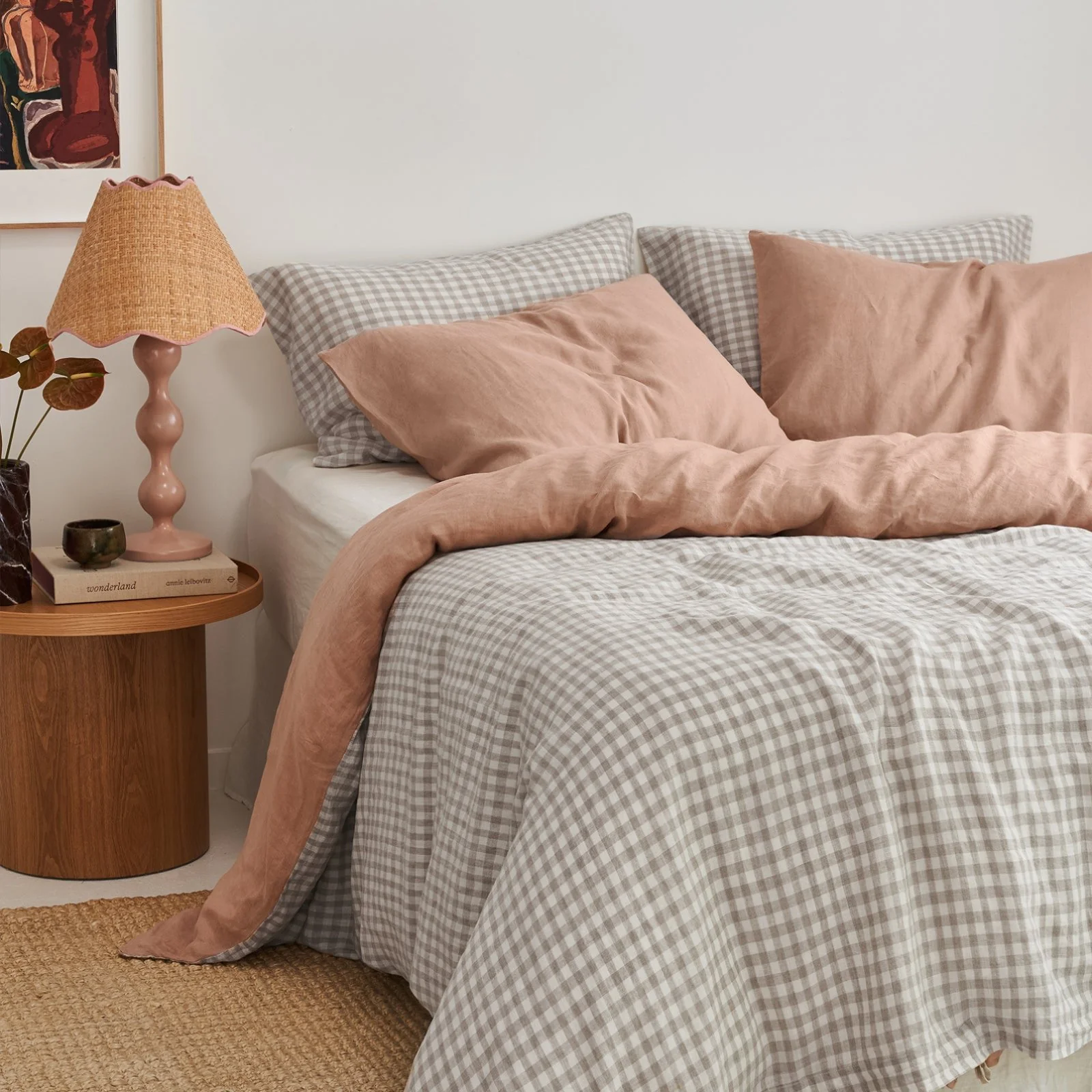 French Flax Linen Double Sided Quilt Cover in Clay/Beige Gingham - Image 7