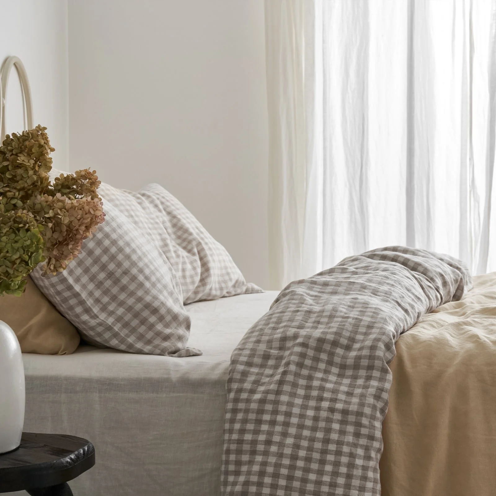 French Flax Linen Double Sided Quilt Cover in Creme/Beige Gingham - Image 10