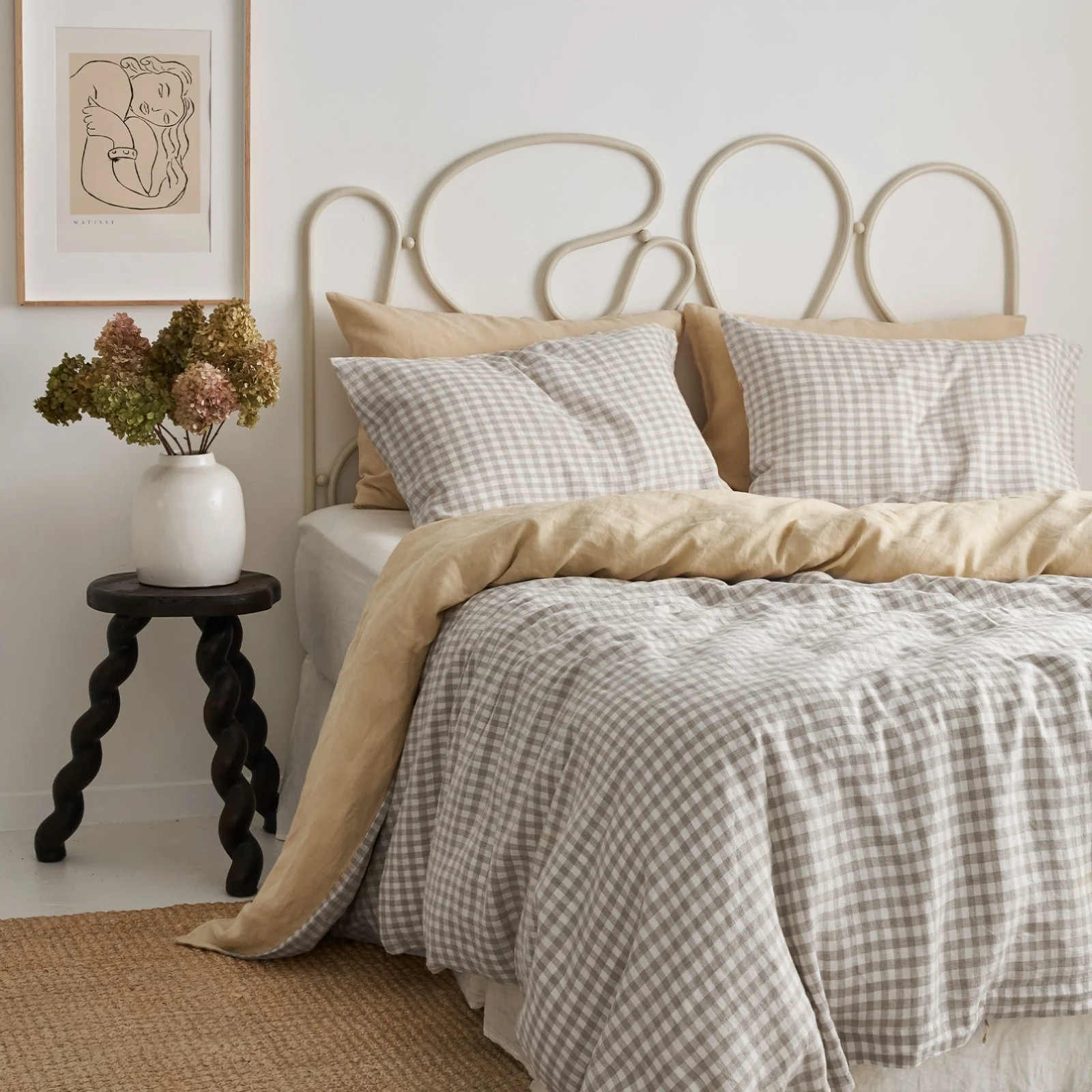 French Flax Linen Double Sided Quilt Cover in Creme/Beige Gingham - Image 5