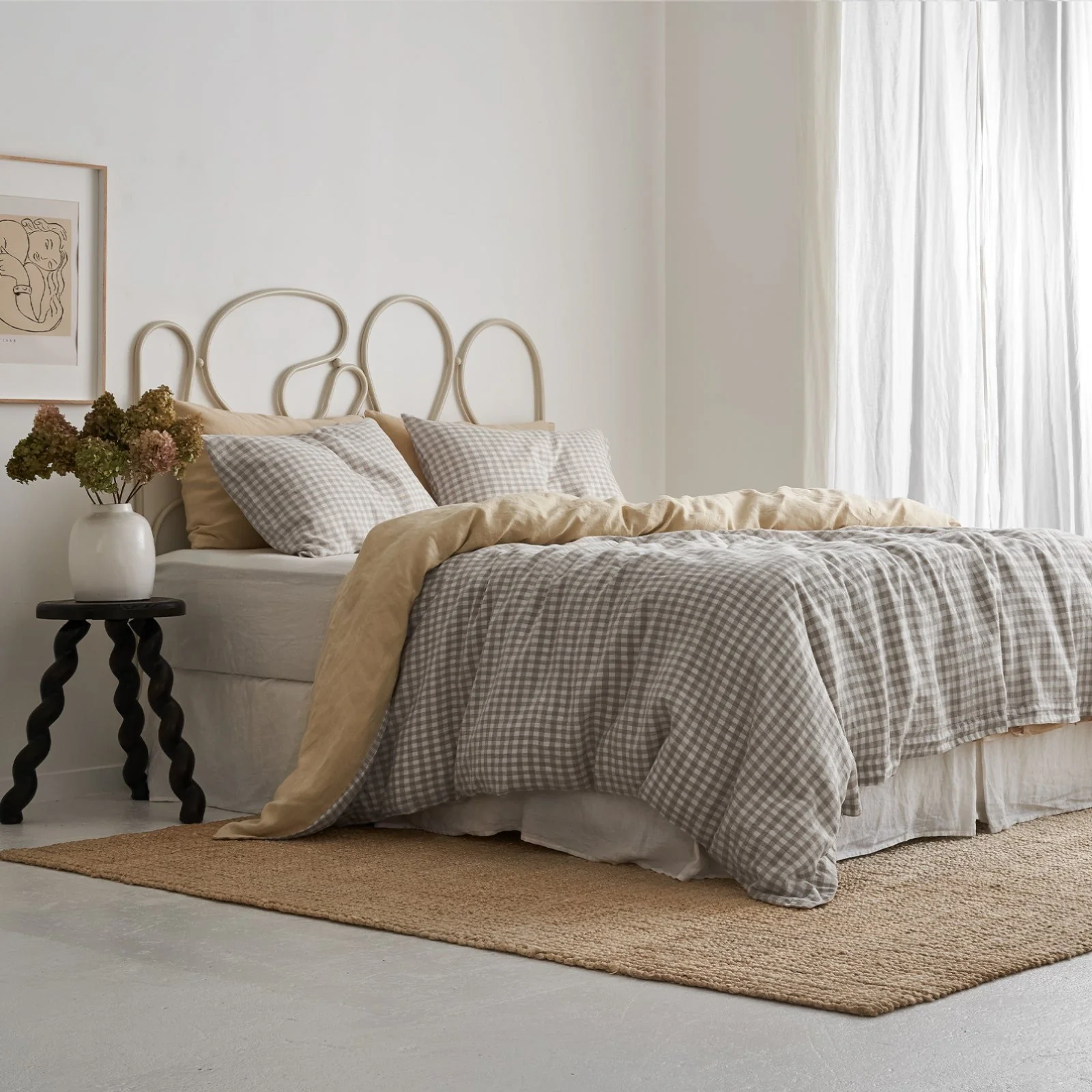 French Flax Linen Double Sided Quilt Cover in Creme/Beige Gingham - Image 6