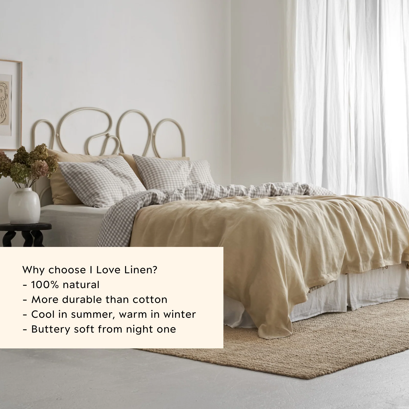 French Flax Linen Double Sided Quilt Cover in Creme/Beige Gingham - Image 7