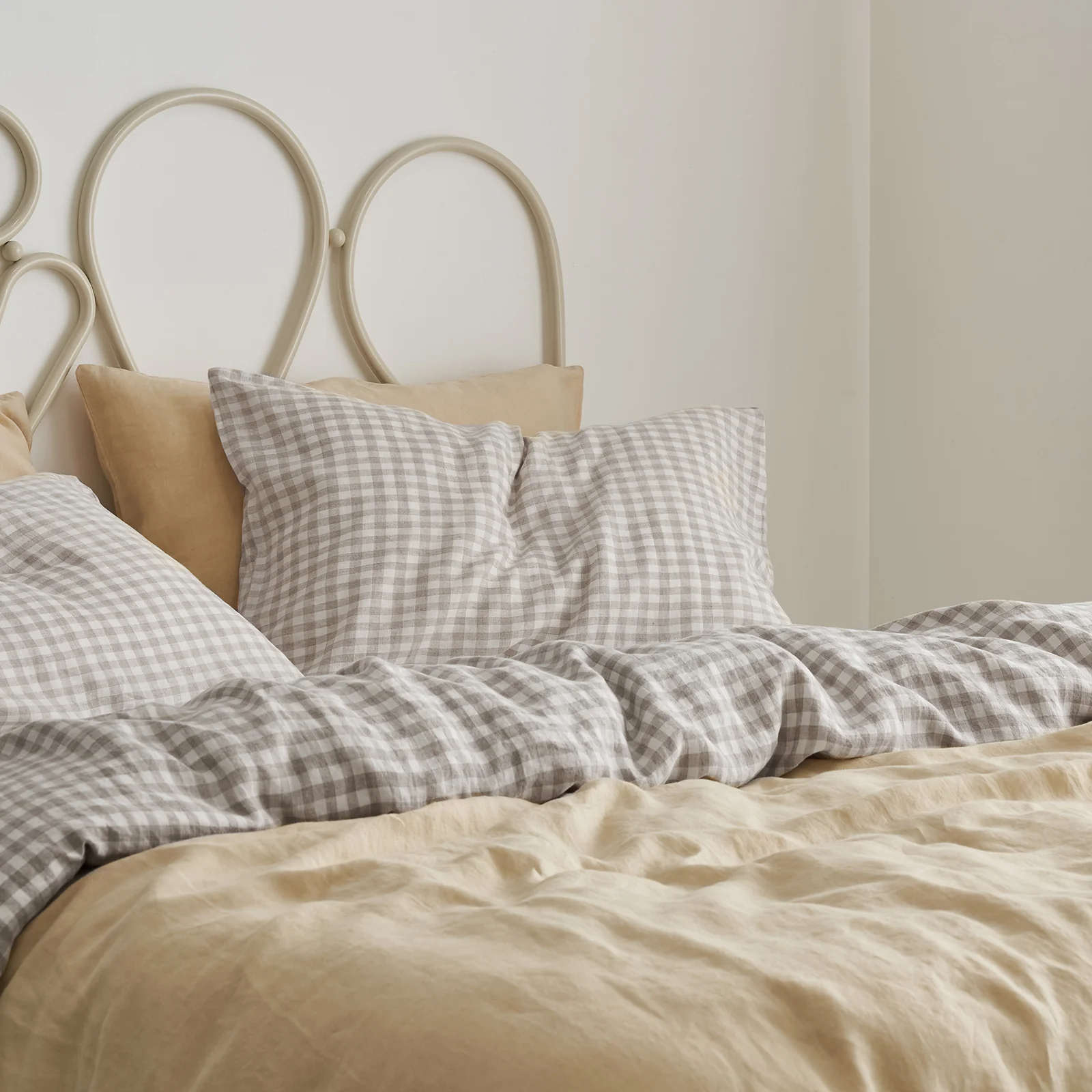 French Flax Linen Double Sided Quilt Cover in Creme/Beige Gingham - Image 8