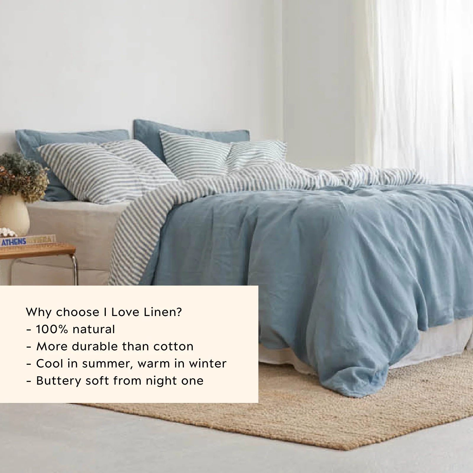 French Flax Linen Double Sided Quilt Cover in Marine Blue/Marine Blue Stripe - Image 5