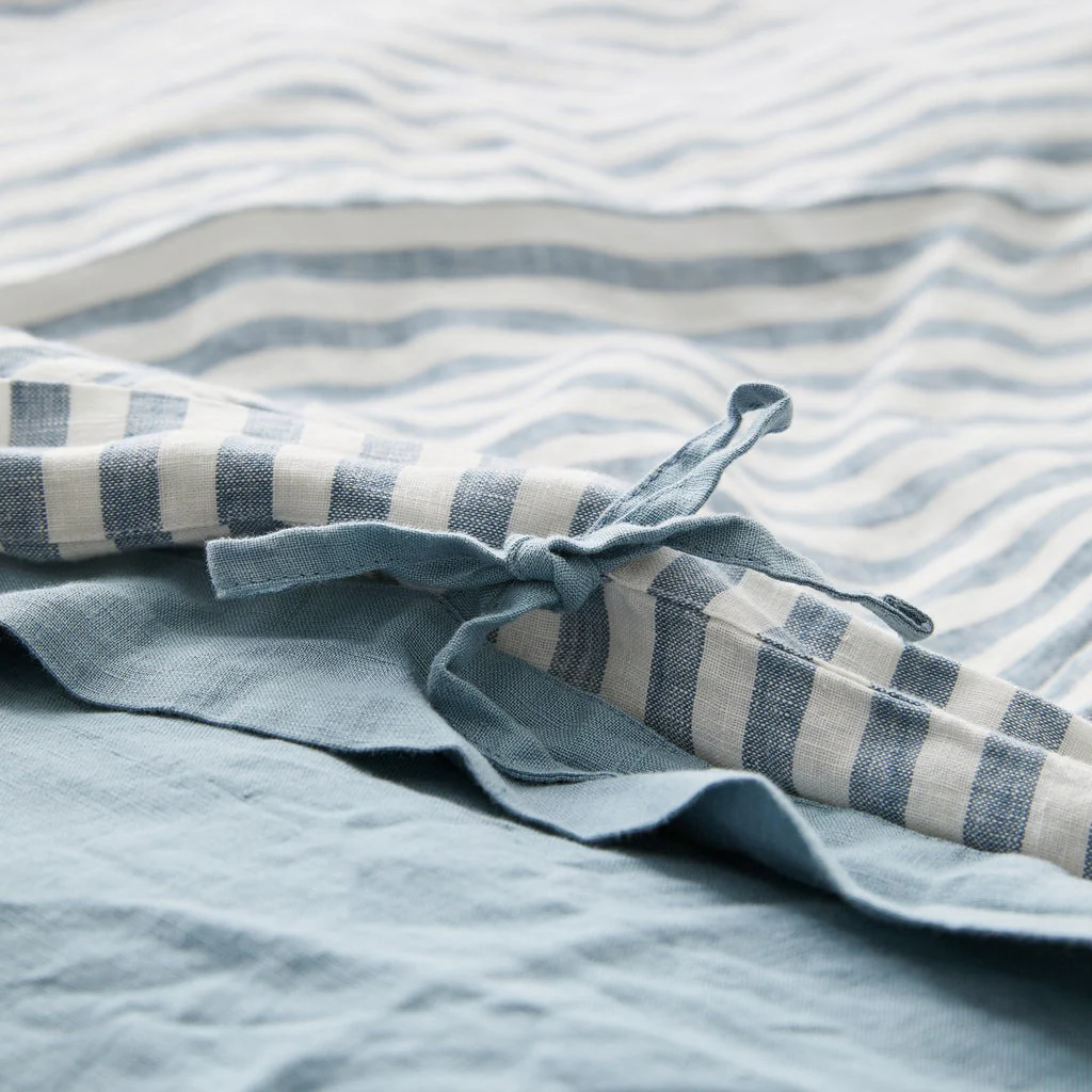 French Flax Linen Double Sided Quilt Cover in Marine Blue/Marine Blue Stripe - Image 6