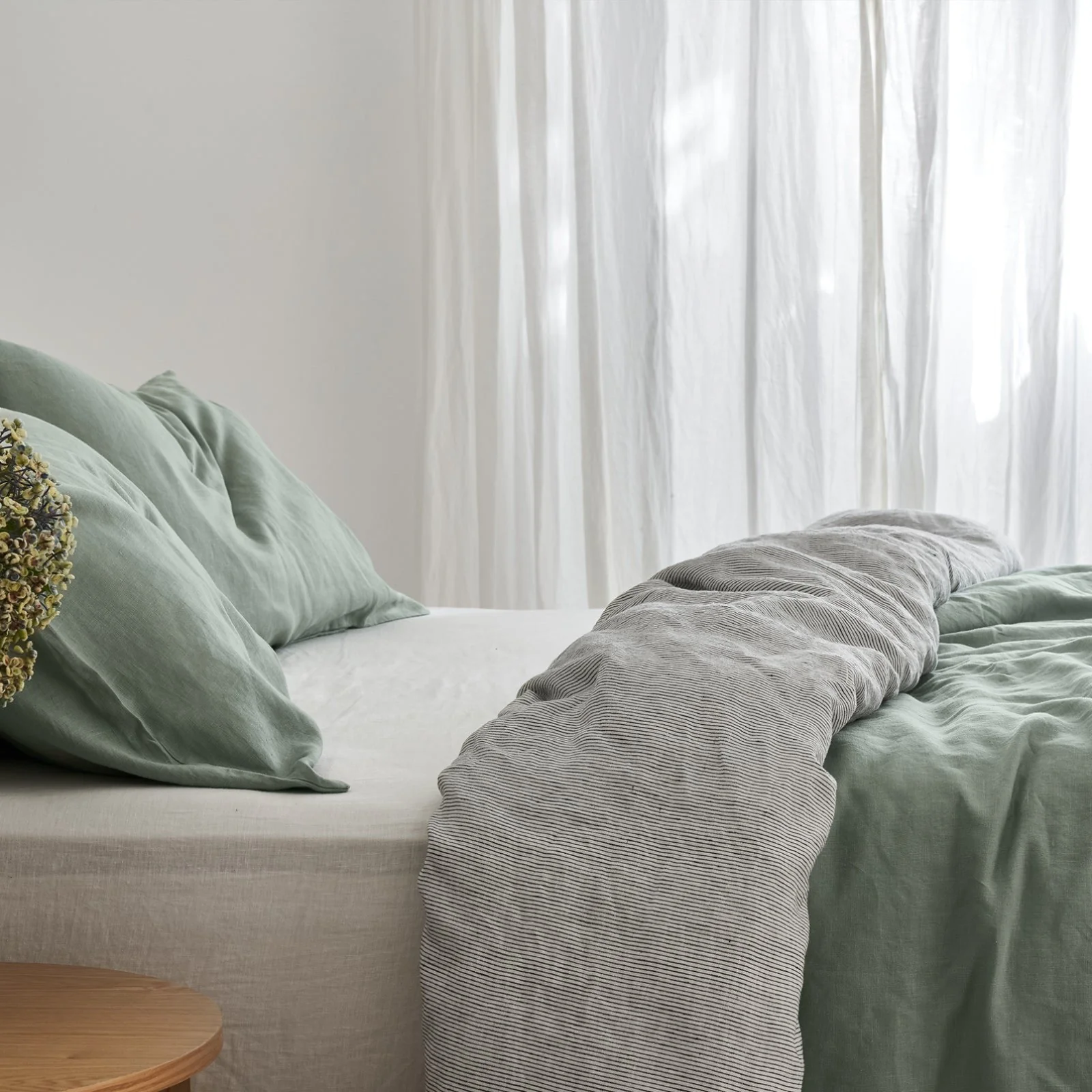 French Flax Linen Double Sided Quilt Cover in Sage/Pinstripe - Image 11