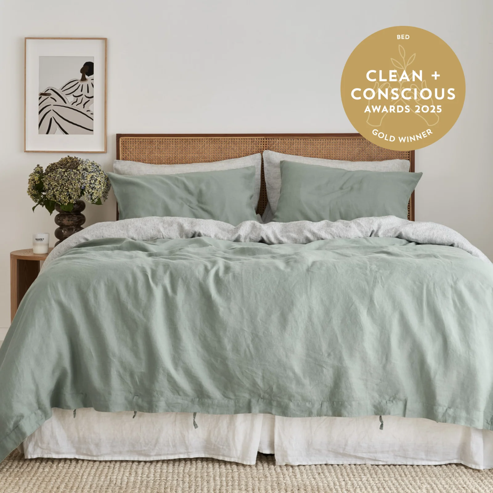 French Flax Linen Double Sided Quilt Cover in Sage/Pinstripe - Image 4