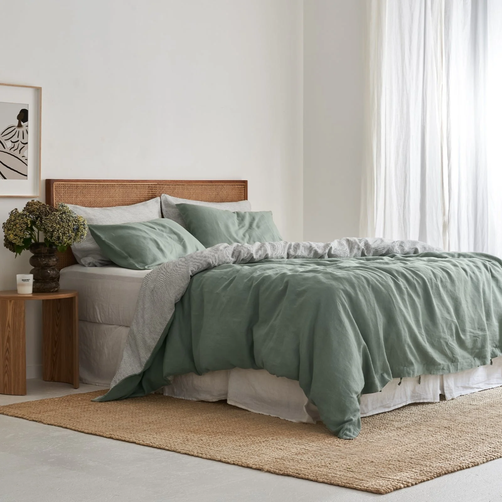 French Flax Linen Double Sided Quilt Cover in Sage/Pinstripe - Image 5