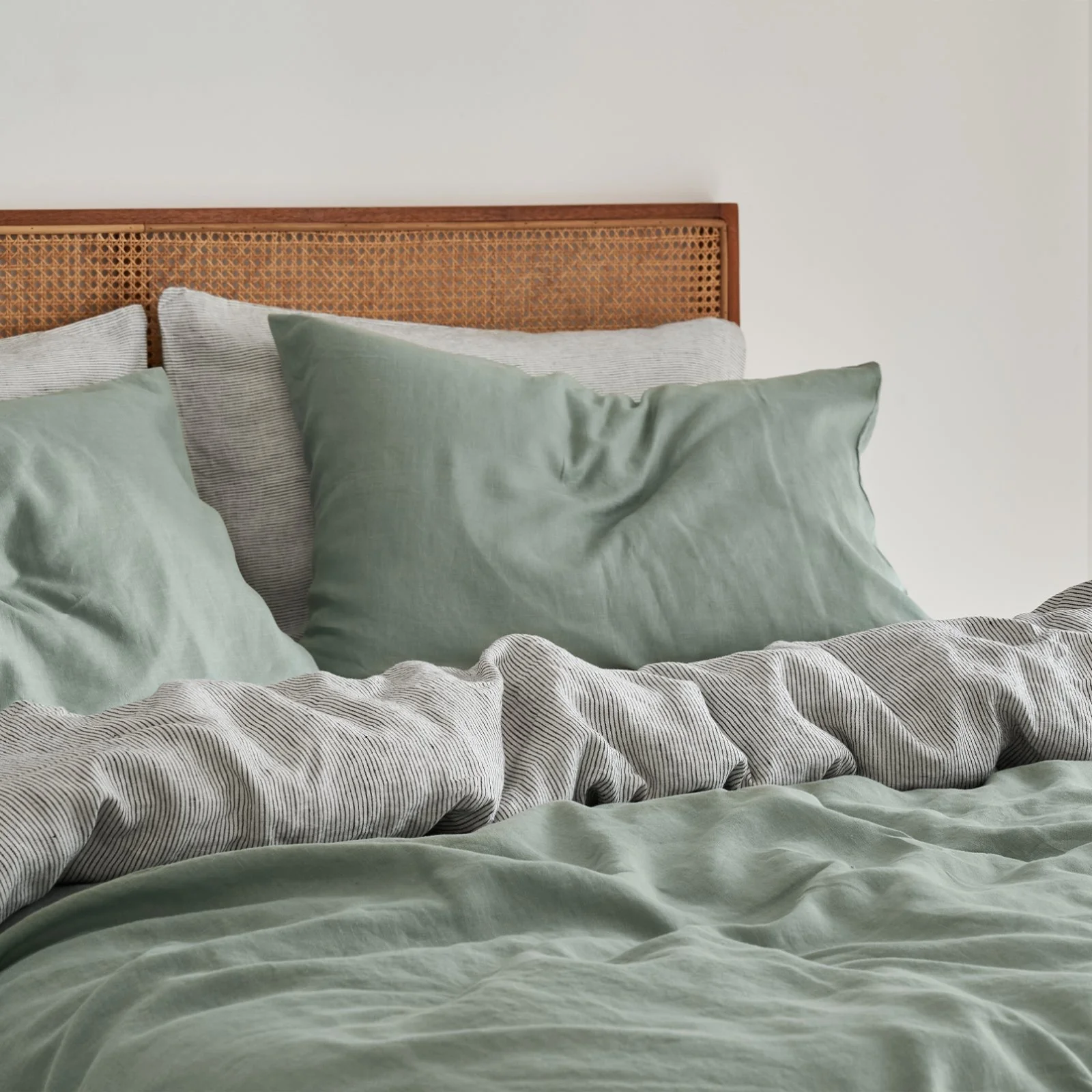 French Flax Linen Double Sided Quilt Cover in Sage/Pinstripe - Image 7