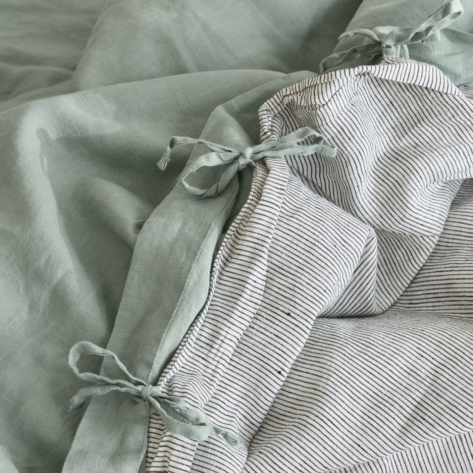 French Flax Linen Double Sided Quilt Cover in Sage/Pinstripe - Image 8