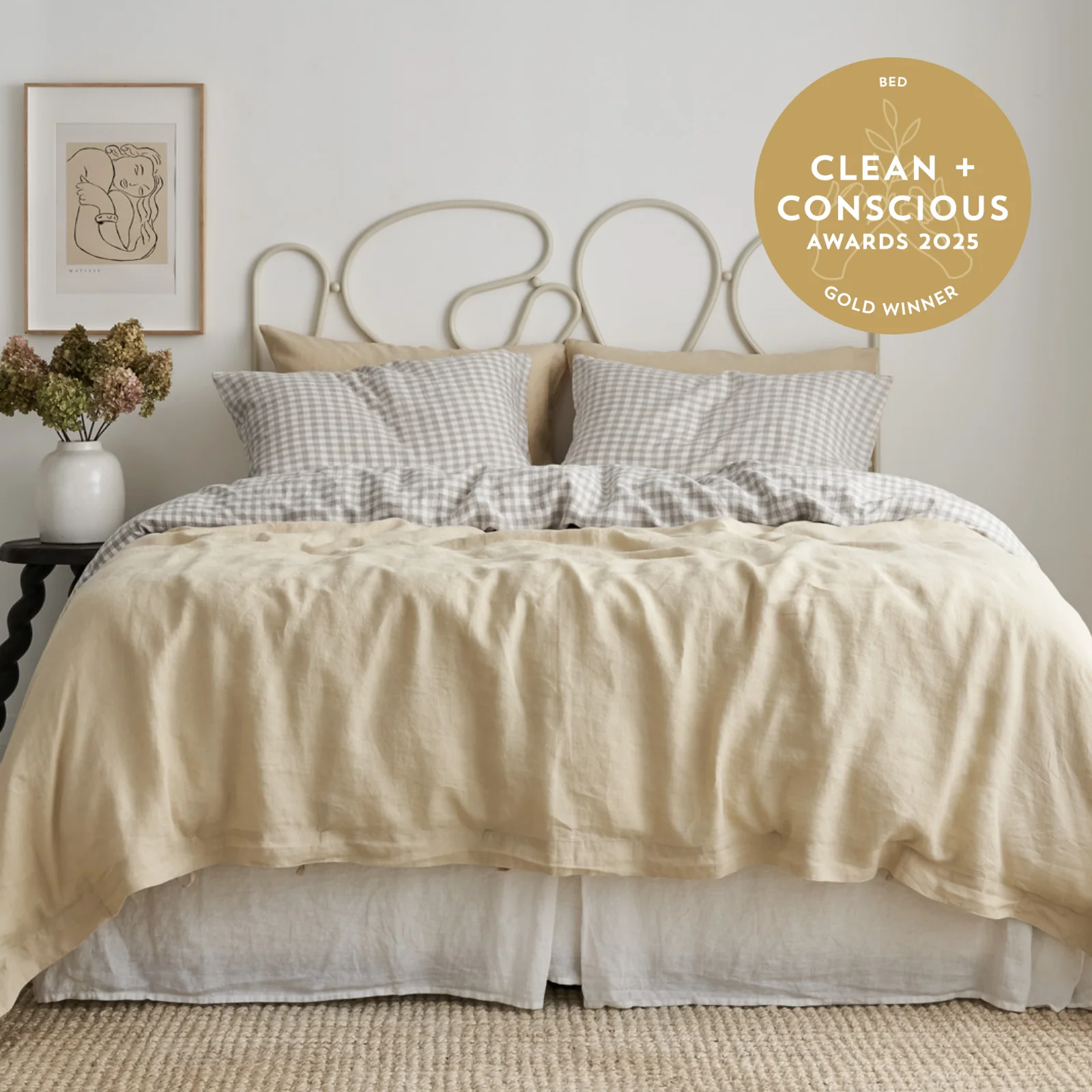 French Flax Linen Double Sided Quilt Cover in Creme/Beige Gingham - Image 4