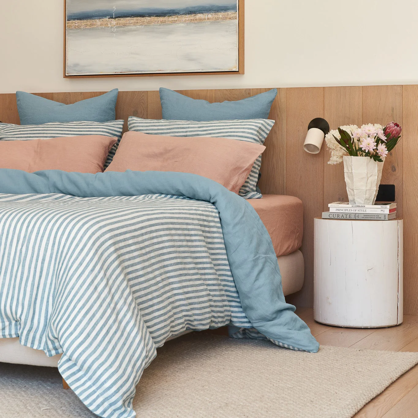 French Flax Linen Double Sided Quilt Cover in Marine Blue/Marine Blue Stripe - Image 9