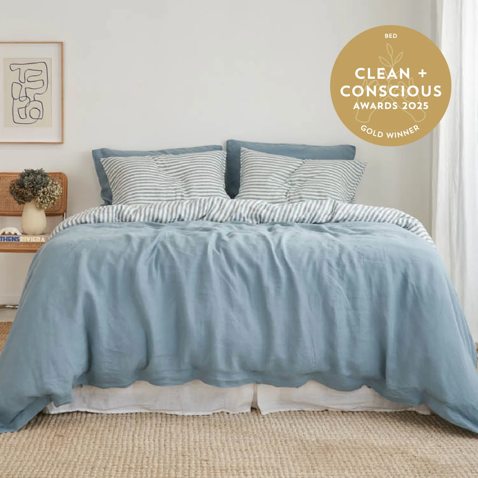 French Flax Linen Double Sided Quilt Cover in Marine Blue/Marine Blue Stripe - Image 4