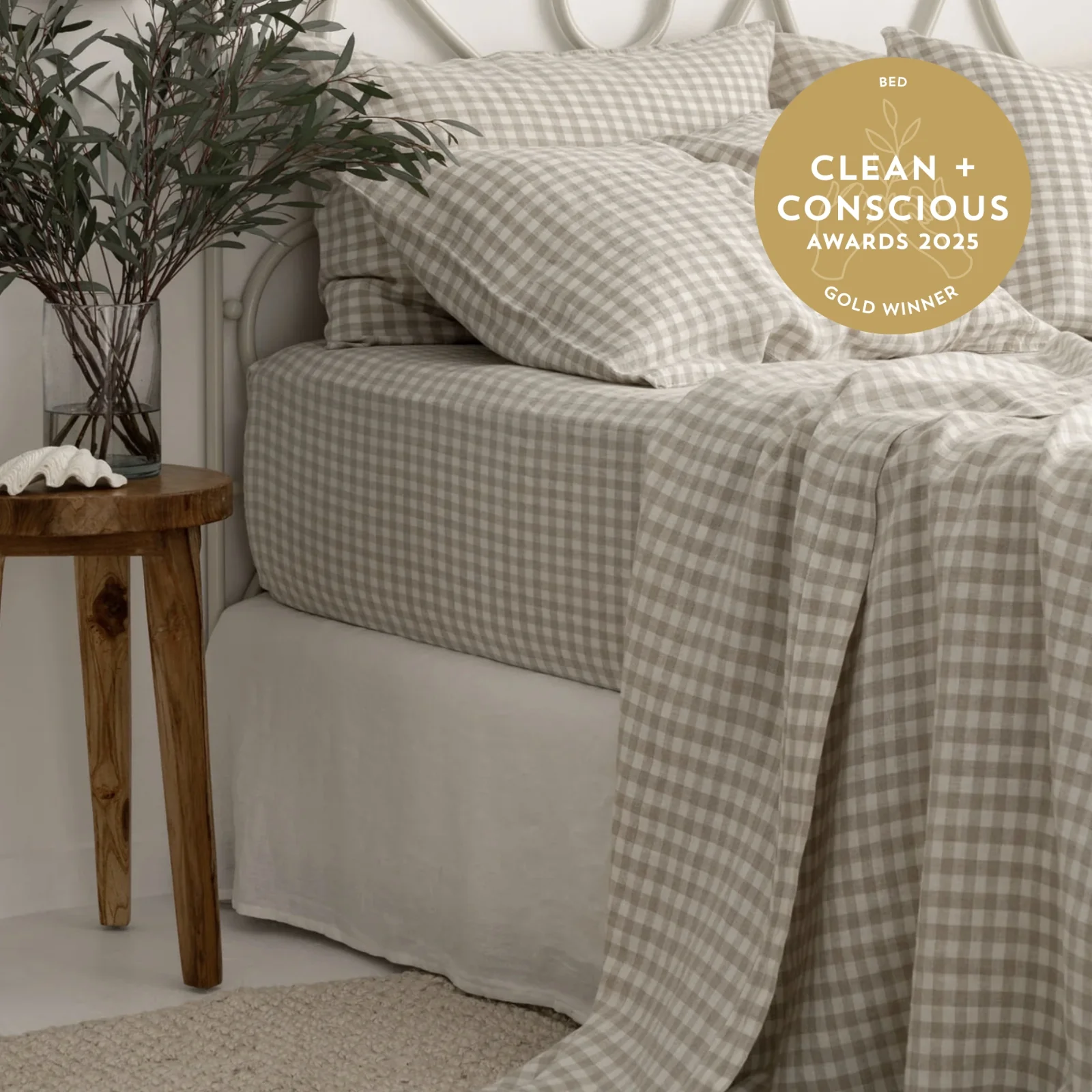 French Flax Linen Fitted Sheet in Beige Gingham - Image 5