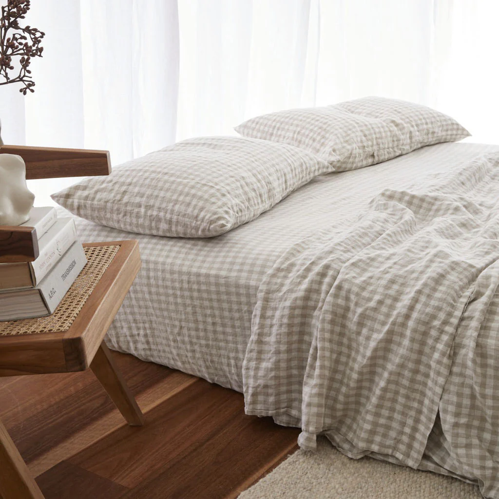 French Flax Linen Fitted Sheet in Beige Gingham - Image 8