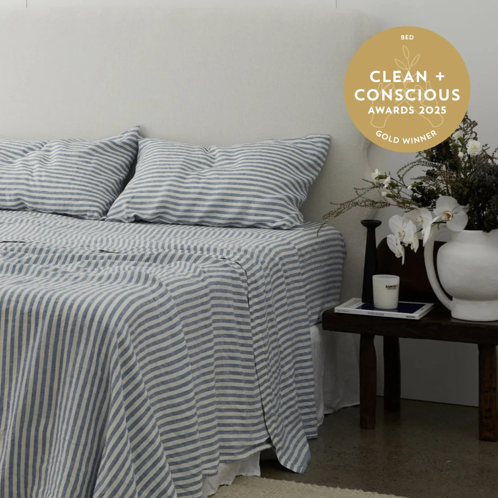 French Flax Linen Fitted Sheet in Marine Blue Stripe - Image 4