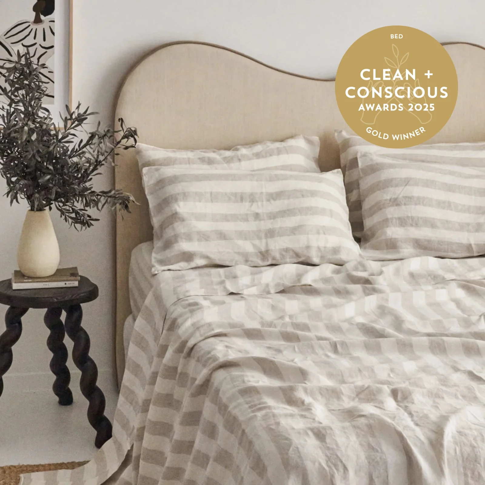 French Flax Linen Fitted Sheet in Natural Thick Stripe - Image 5