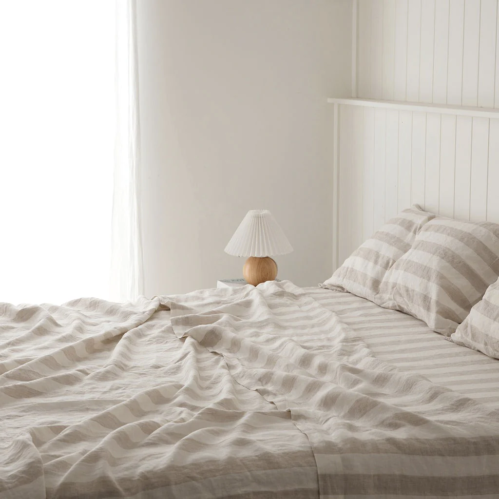 French Flax Linen Fitted Sheet in Natural Thick Stripe - Image 6