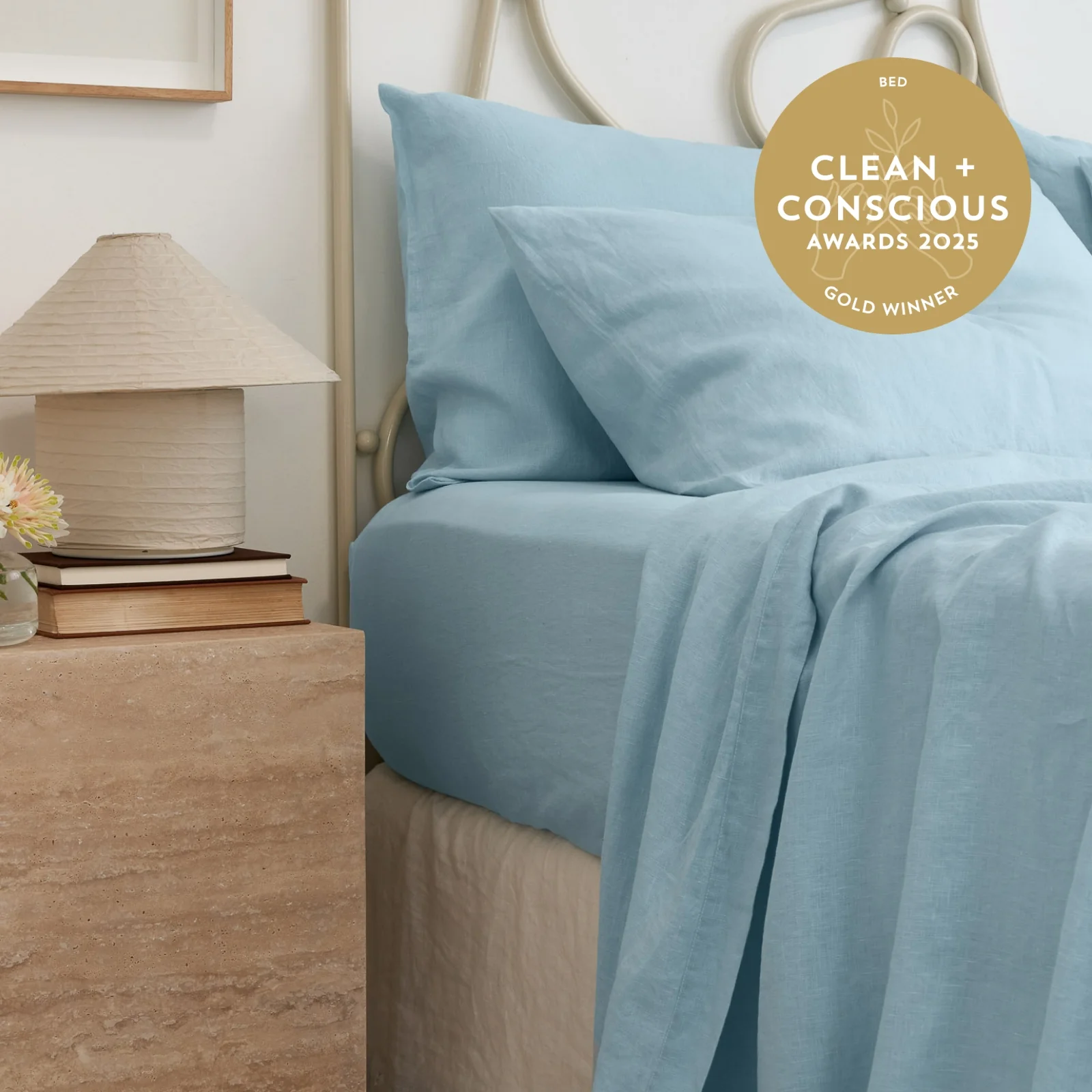 French Flax Linen Fitted Sheet in Sky Blue - Image 5