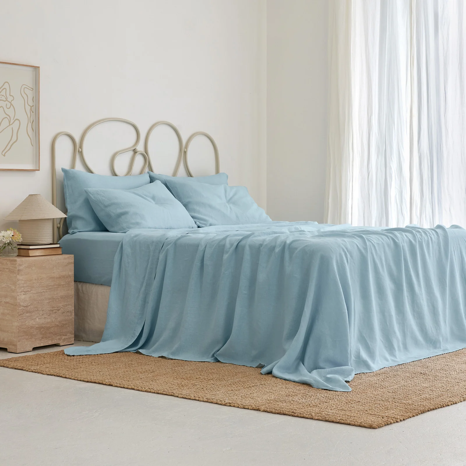 French Flax Linen Fitted Sheet in Sky Blue - Image 8