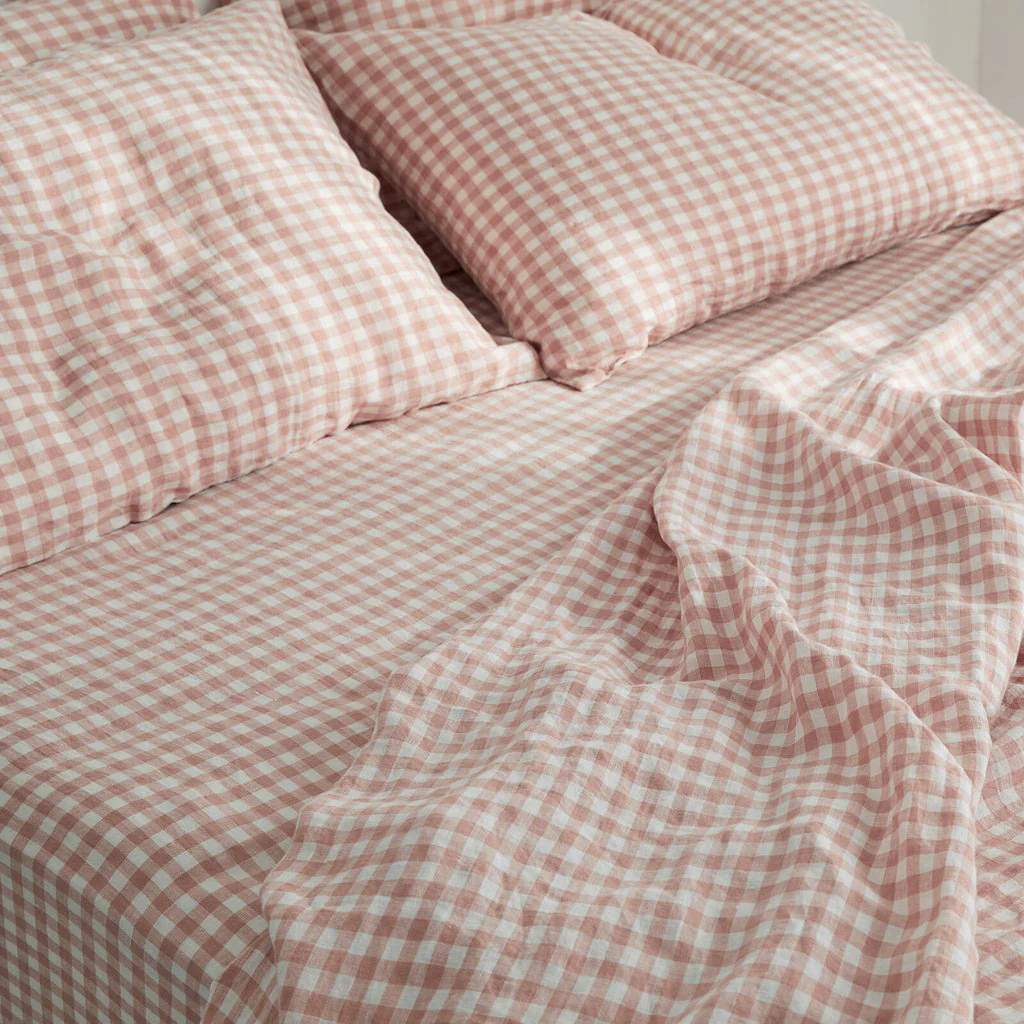 French Flax Linen Flat Sheet in Clay Gingham - Image 3