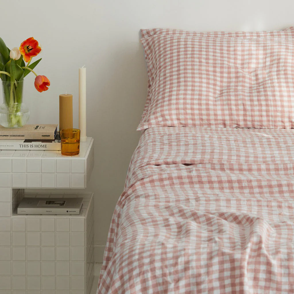 French Flax Linen Flat Sheet in Clay Gingham - Image 4