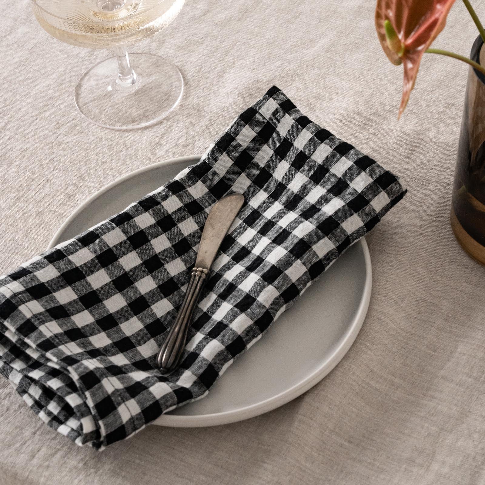 French Flax Linen Napkins (Set of 4) in Charcoal Gingham - Image 6