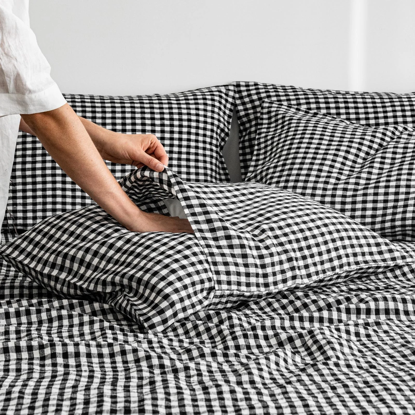 French Flax Linen Pillowcase Set in Charcoal Gingham - Image 5