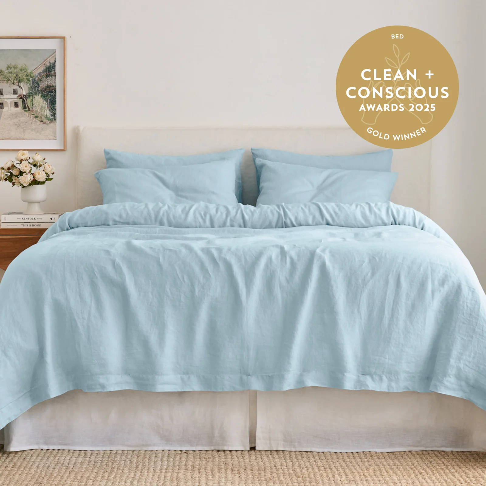 French Flax Linen Quilt Cover Set in Sky Blue - Image 4