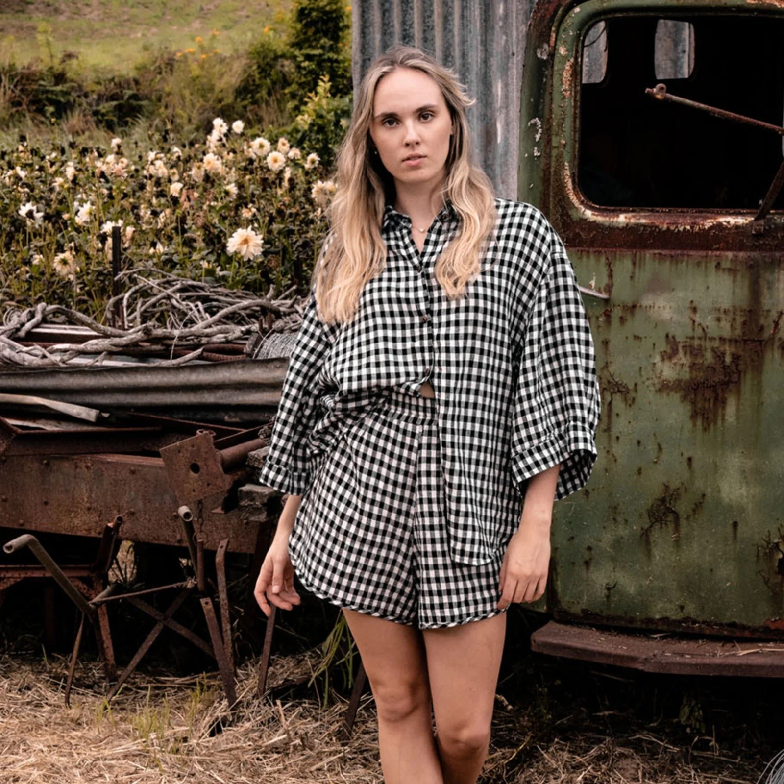 French Flax Linen Relaxed Short in Charcoal Gingham - Image 6