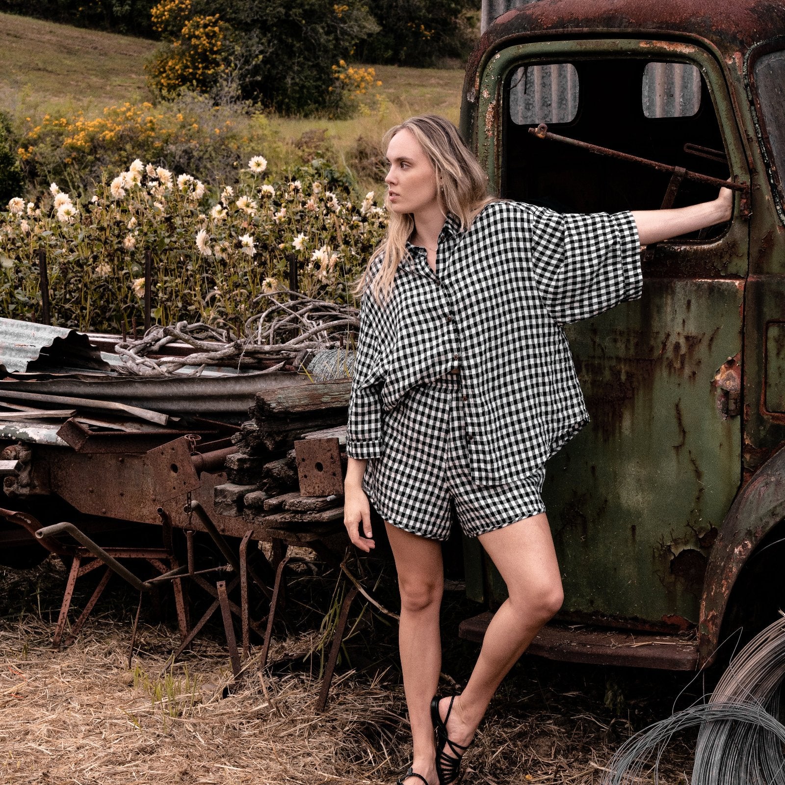 French Flax Linen Ruby Set in Charcoal Gingham - Image 10