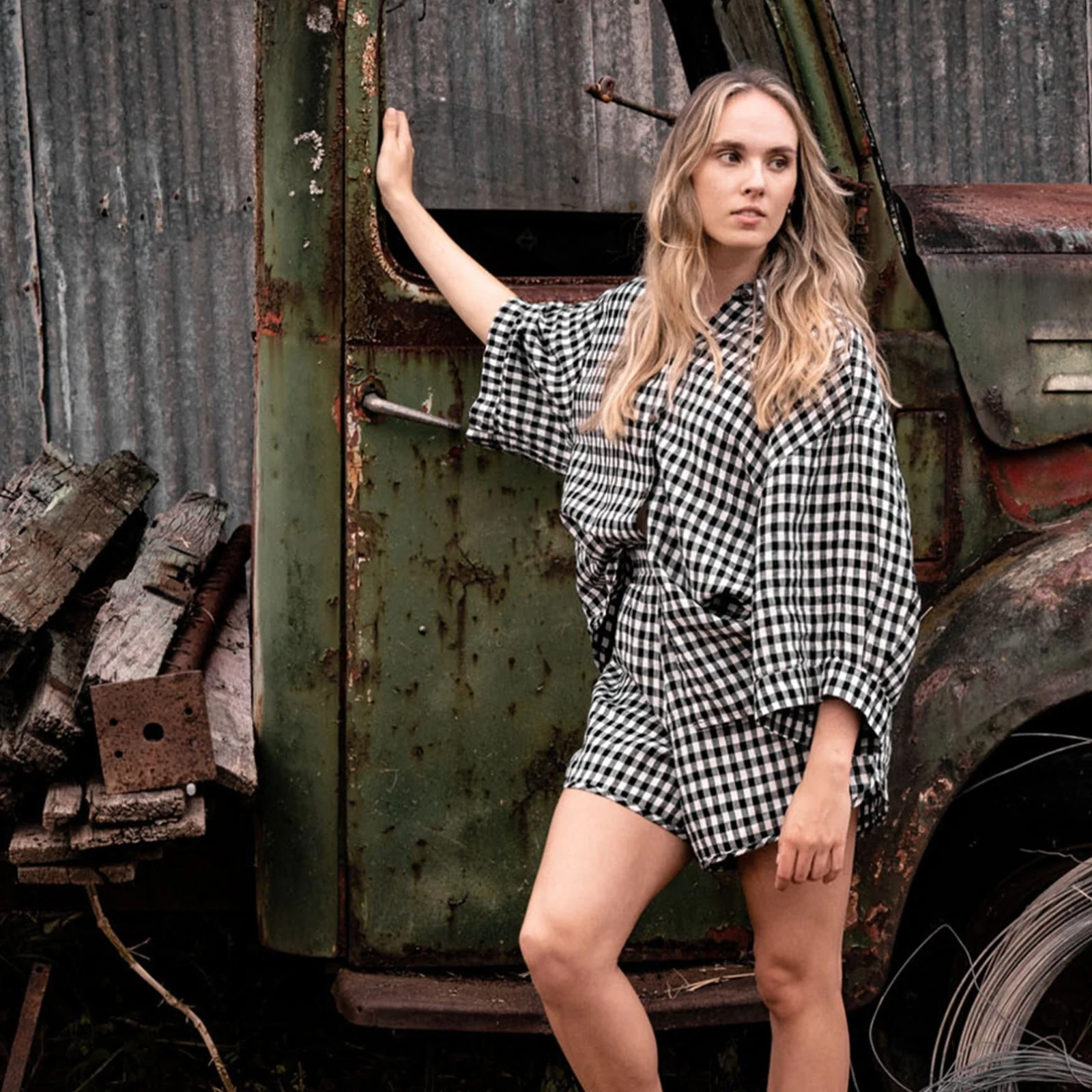 French Flax Linen Ruby Shirt in Charcoal Gingham - Image 11