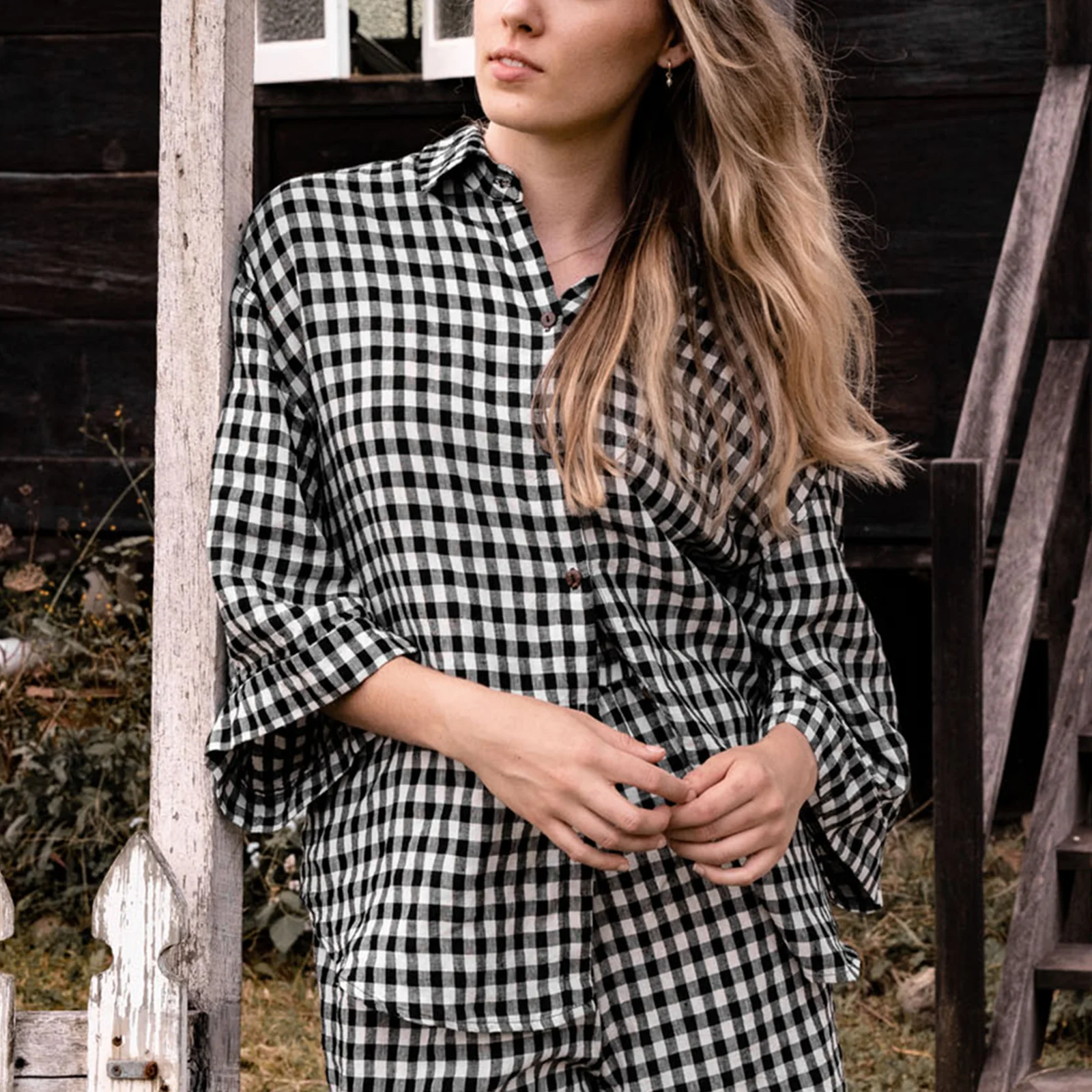 French Flax Linen Ruby Shirt in Charcoal Gingham - Image 14