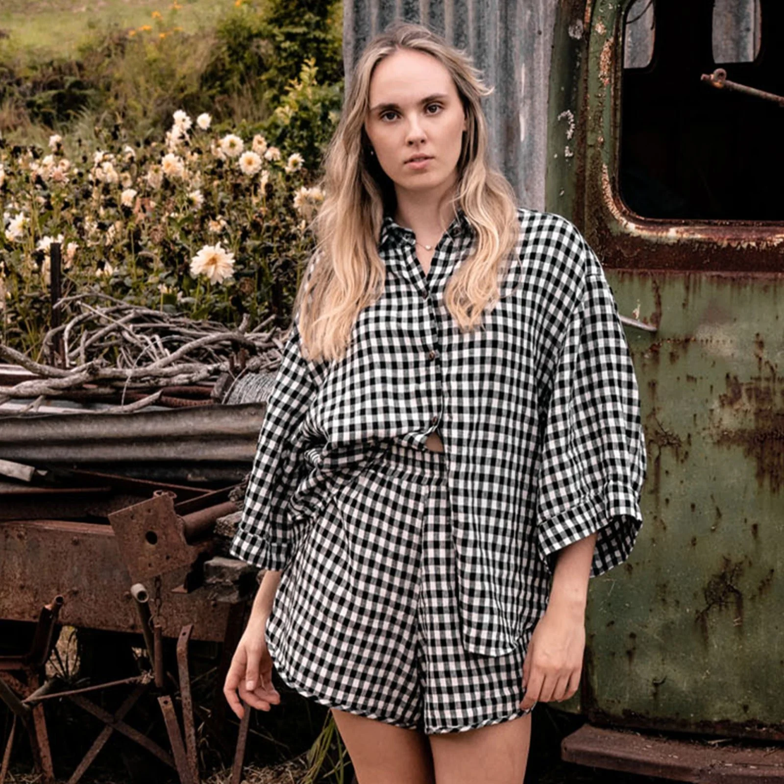 French Flax Linen Ruby Shirt in Charcoal Gingham - Image 15