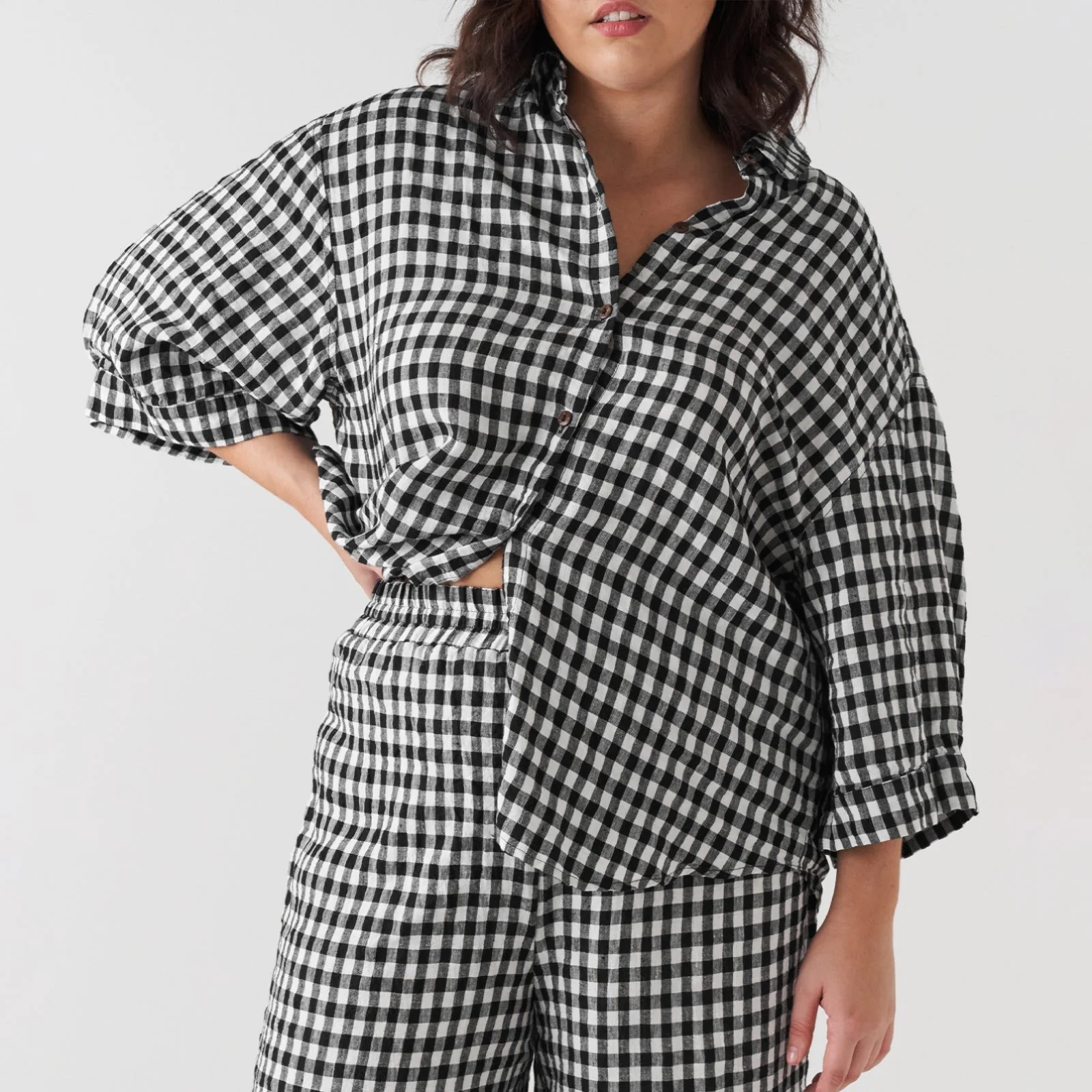 French Flax Linen Ruby Shirt in Charcoal Gingham - Image 5