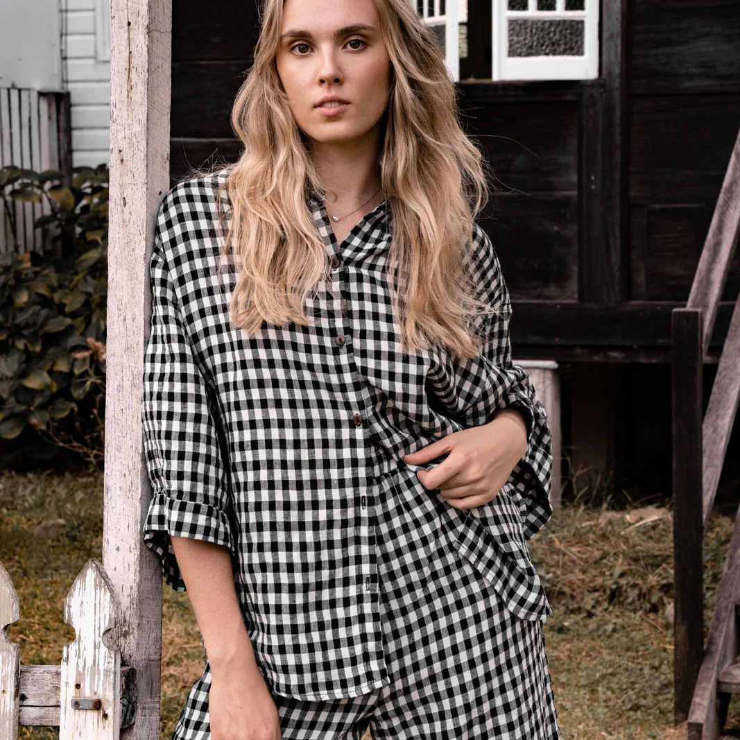 French Flax Linen Ruby Shirt in Charcoal Gingham - Image 9